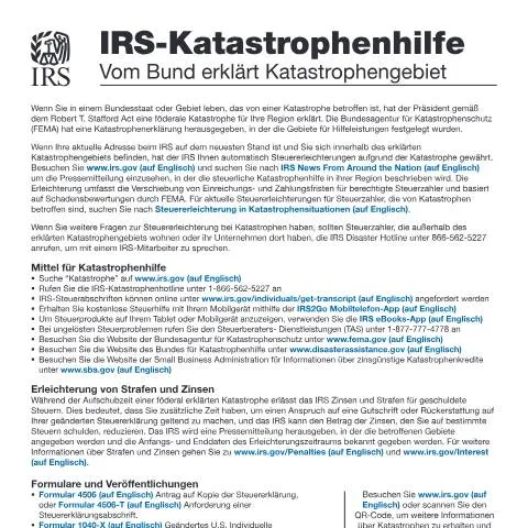 Document preview: Understanding IRS Publication 3067DE for Disaster Relief — Taxes (CERFA n°PUB-3067DE)