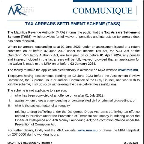 Document preview: Mauritius Tax Arrears Settlement Scheme Overview — Taxes (CERFA n°CommuniqueTASS250723)