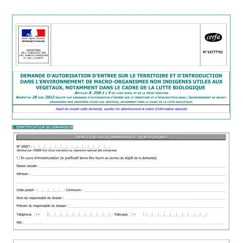 Aperçu du document Autorisation d'introduction de macro-organismes pour la lutte — Démarches administratives (CERFA n°14777*01)