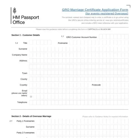 Document preview: Guide to GRO Marriage Certificate Application for Overseas Events — Civil status & identity (OSM-ICR/Feb 25)