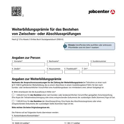 Dokumentvorschau: Finanzielle Unterstützung durch die Weiterbildungsprämie — Arbeit & Beschäftigung (CERFA n°dam-fbw-nachweis-weiterbildungspraemie-sgbii_ba042214)