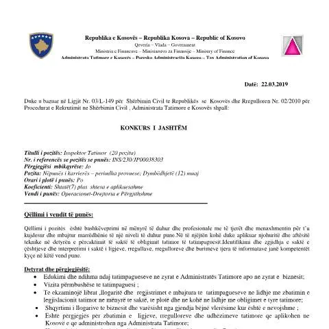 Document preview: Procedura e Aplikimit për Inspektor Tatimor në Kosovë — Punë & punësim