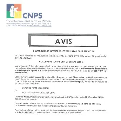 Aperçu du document Achetez des Fournitures de Bureau pour la CNPS 2022 — Démarches administratives