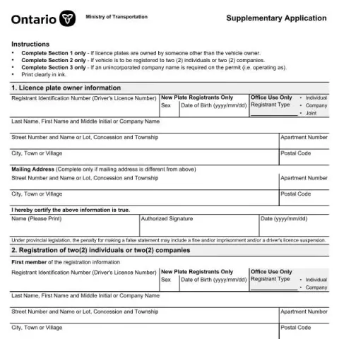 Document preview: Ontario Vehicle Owner Supplementary Registration Form (English / French) — Vehicle & driving (SR-LV-012E)