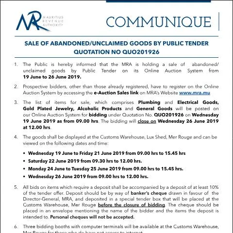 Document preview: Understanding the Sale of Abandoned Goods in Mauritius — Government & admin (Communique26of2019)