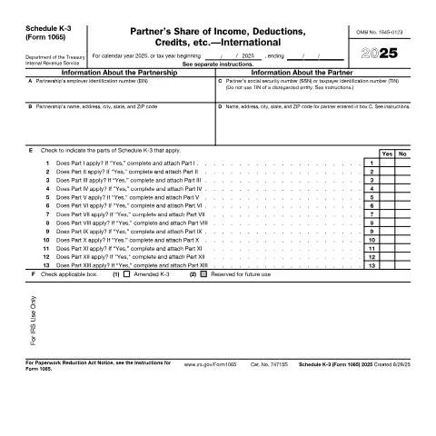 Document preview: Essential Insights into IRS Form 1065 Schedule K-3 for Partnerships — Taxes (CERFA n°1065SK3)