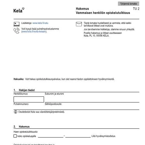 Document preview: Opiskelutulkkauspalvelun hakeminen vammaisille opiskelijoille — Tuet & sosiaalietuudet (CERFA n°Kela TU 2)