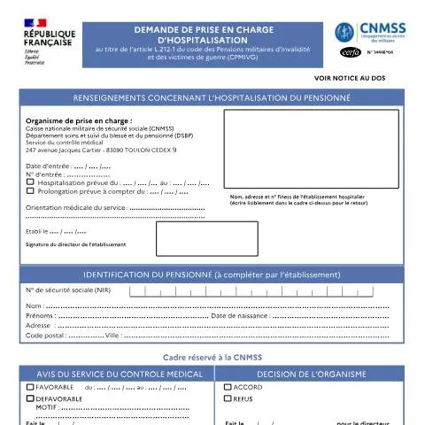 Aperçu du document Prise en charge hospitalisation pensionnés de guerre : guide complet — Santé (CERFA n°14448*04)