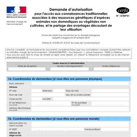 Aperçu du document Demande d'accès aux savoirs ancestraux sur les ressources génétiques — Démarches administratives (CERFA n°15784*01)