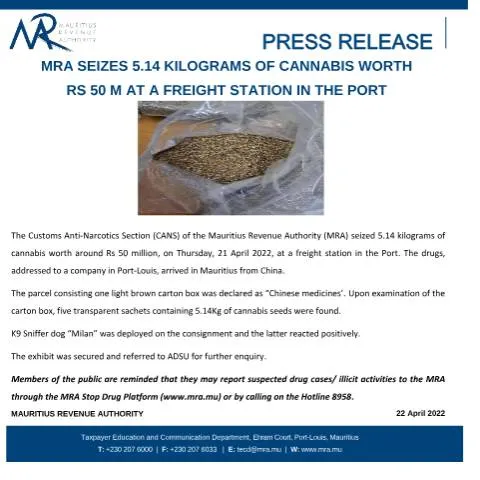 Document preview: Analyzing the MRA's Recent Cannabis Seizure in Port-Louis — Government & admin (PressRelease220422)