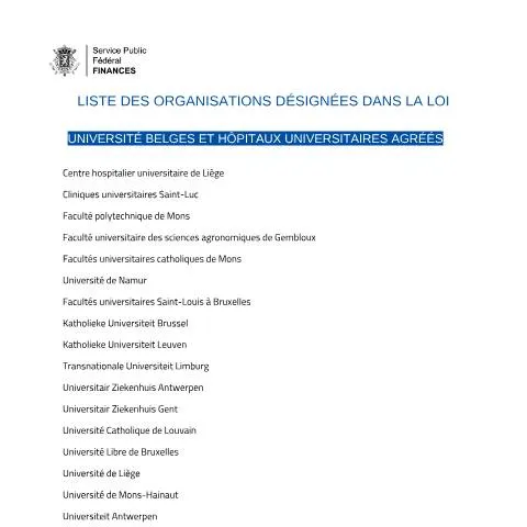Aperçu du document Liste des institutions désignées en Belgique — Démarches administratives (CERFA n°dons-liste-organisations-designees-loi)