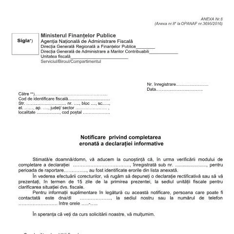 Document preview: Importanța notificării A6_OPANAF_3726_2017 în conformitatea fiscală — Impozite & fiscalitate (CERFA n°A6_OPANAF_3726_2017)