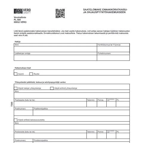 Document preview: Ymmärrä saatelomake ennakkoratkaisuhakemukseen — Hallinnolliset asiat