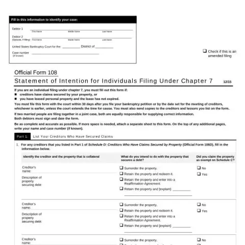 Document preview: Understanding Official Form 108 for Chapter 7 Bankruptcy — Legal & justice (108)