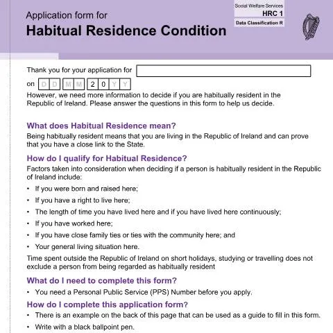 Document preview: Comprehensive Guide to Habitual Residence Condition in Ireland — Government & admin (CERFA n°HRC1)