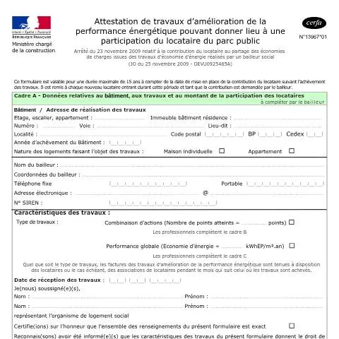 Aperçu du document Comment fonctionne l'attestation de travaux énergétiques du parc — Logement (CERFA n°13967*01)