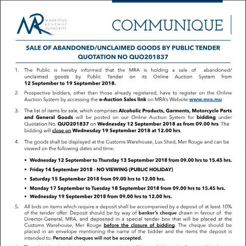 Document preview: Explore the Sale of Unclaimed Goods in Mauritius — Government & admin (Communique37of2018)