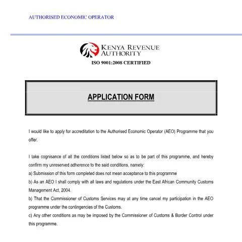 Document preview: Understanding the AEO Application Process in Kenya — Government & admin (CERFA n°AEO-Application-Form)
