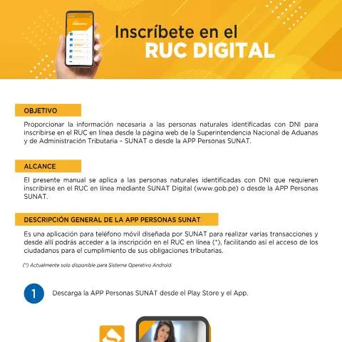 Vista previa del documento Guía para Inscribirte en el RUC Digital desde la App SUNAT — Trámites administrativos