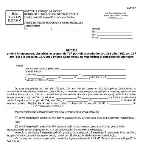 Document preview: Înregistrarea din oficiu în scopuri de TVA în România — Impozite & fiscalitate (CERFA n°A3_OPANAF_2899_2017)