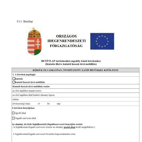 Document preview: Betétlap tartózkodási engedély iránti kérelem kutatók részére — Bevándorlás & vízumok