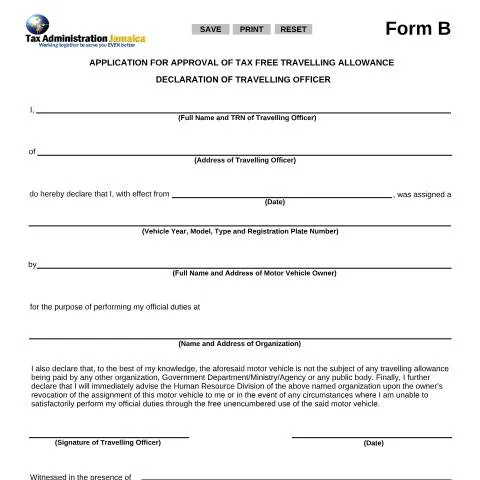 Document preview: Jamaica Form B - Application for Tax-Free Travel Allowance Approval — Government & admin (CERFA n°Form+B-App+for+Approval+of+Tax+Free+Travelling+Allowance_+Designer)