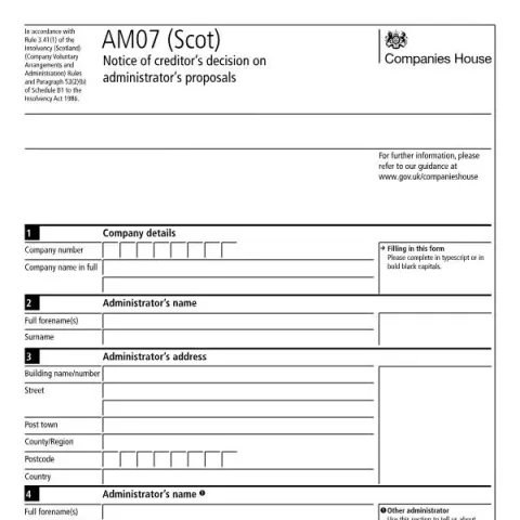 Document preview: Creditor Decision on Administrator's Proposals for Scottish Companies — Government & admin (AM07 (Scot))