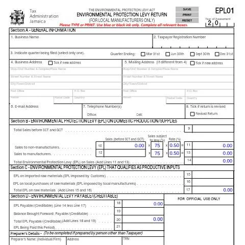 Document preview: Overview of the Environmental Levy Form (EPL01) in Jamaica — Taxes (CERFA n°epl01_Oct232015)