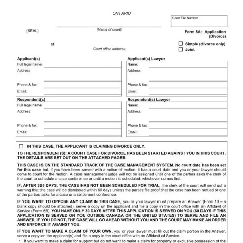 Document preview: Guide to Ontario Court Form 8A: Divorce Application — Legal & justice (FLR 8A)