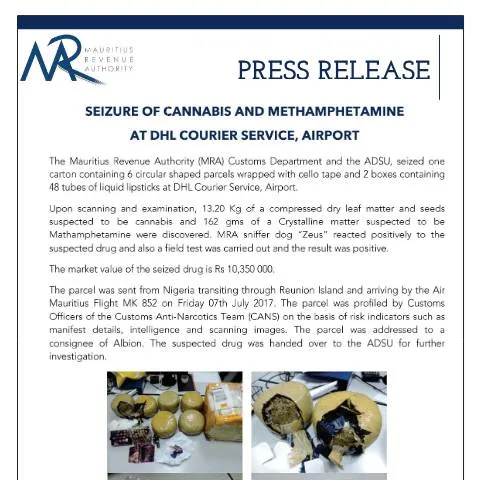 Document preview: Understanding the Drug Seizure Process in Mauritius — Government & admin (CERFA n°PressRelease240717)