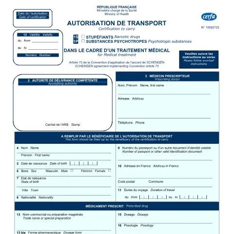 Aperçu du document Transport de médicaments stupéfiants : autorisation Schengen requise — Santé (CERFA n°10083*03)