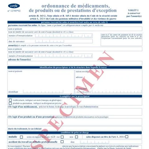 Aperçu du document Médicaments d'exception : comprendre les formalités de prescription — Santé (CERFA n°12708*02)