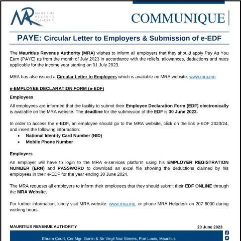 Document preview: Mauritius PAYE System Update and e-EDF Submission Guide — Government & admin (CommuniquePAYE200623)