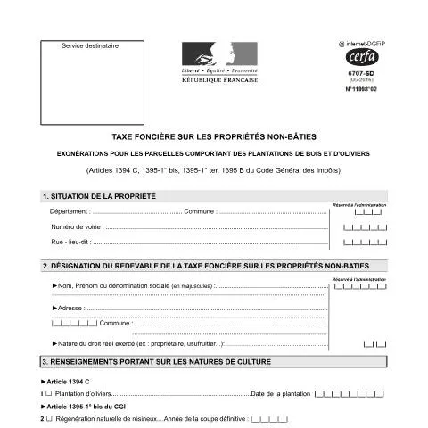 Aperçu du document Formulaire 6707-SD : réduire sa taxe foncière sur terrains agricoles — Impôts & fiscalité (CERFA n°11998*02)