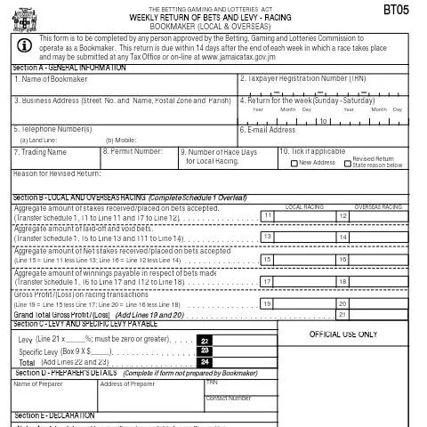 Document preview: Jamaica BT05 Weekly Betting and Levy Report — Government & admin (CERFA n°bt05_19082016)