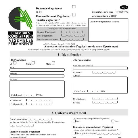 Aperçu du document Formulaire 11368*02 : Obtenir l'agrément de maître exploitant — Démarches administratives (CERFA n°11368*02)