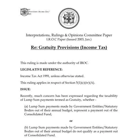 Document preview: Jamaica 2004 TAAD Guidelines on Gratuity Provisions — Taxes (CERFA n°2004+taad+-+guidelines+for+the+treatment+of+gratuity+provisions+of+government+entities)