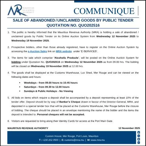 Document preview: Public Tender for Unclaimed Goods: QUO202516 Details — Government & admin (CommuniqueQuo202516)