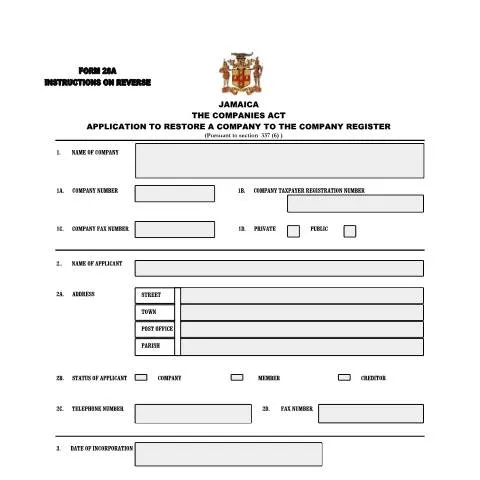 Document preview: Understanding Form 28A for Company Restoration in Jamaica — Government & admin (CERFA n°COMPANIES Application for Restoration FORM 28A (CPC Version 3))