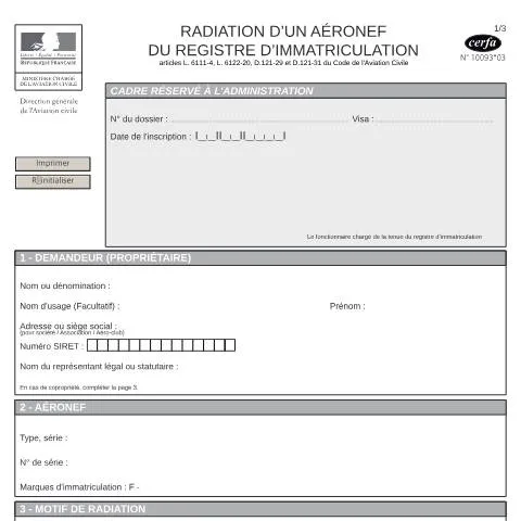 Aperçu du document Comment radier un aéronef du registre d'immatriculation français — Démarches administratives (CERFA n°10093*03)