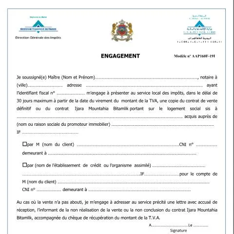Aperçu du document Engagement pour la présentation du contrat de logement social ou Ijara — Impôts & fiscalité (CERFA n°AAP160F-19I)