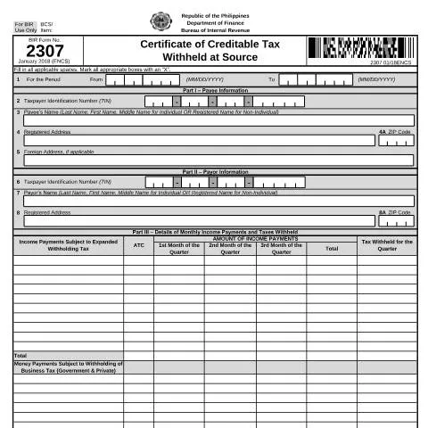 Document preview: Understanding BIR Form No. 2307 for Tax Withholding — Taxes (CERFA n°2307)