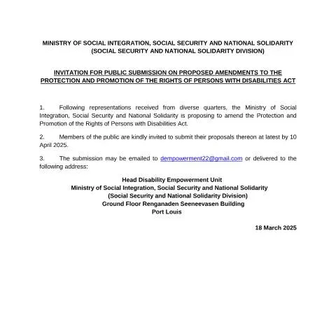 Document preview: Amendments to Mauritius Disability Rights Legislation — Legal & justice (CERFA n°COMMUNIQUE-FOR-AMENDMENTS-OF-PROTECTION-AND-PROMOTION-OF-THE-RIGHTS-OF-PERSONS-WITH-DISABILITIES-ACT-amended)