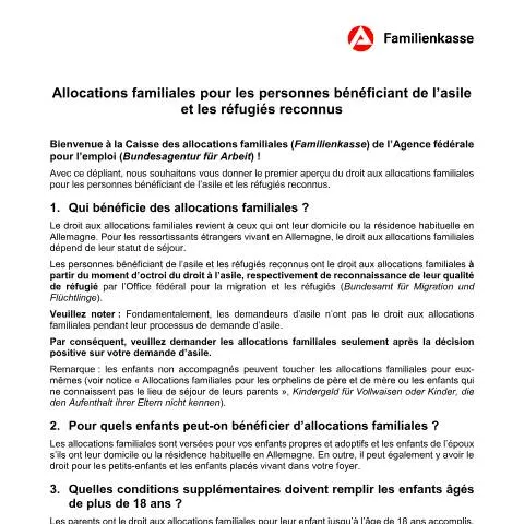 Dokumentvorschau: Wichtige Informationen zum Kindergeld für Asylberechtigte — Familie (CERFA n°kg-fr-asylberechtigte_ba035105)