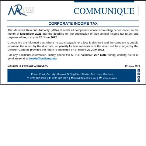 Document preview: Mauritius Corporate Income Tax Notice Overview — Taxes (CERFA n°Communique270622)