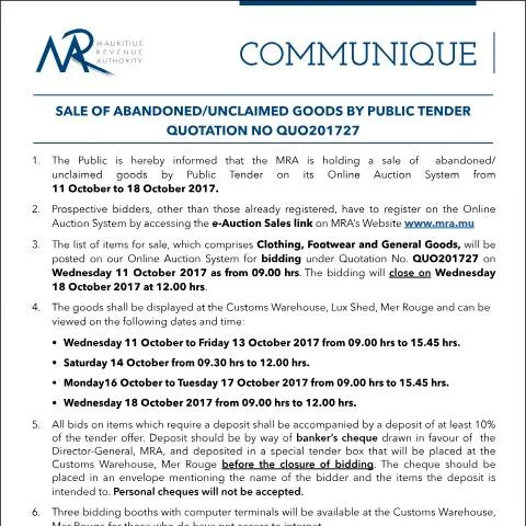 Document preview: Understanding Public Tenders for Abandoned Goods in Mauritius — Government & admin (CERFA n°CommuniqueQ27of2017)