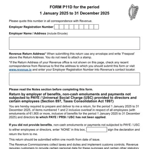 Document preview: Guide to Form P11D for the 2025 Irish Tax Year — Taxes (P11D)