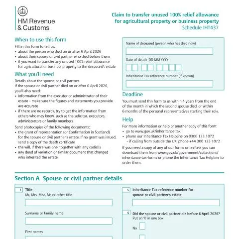 Document preview: How to Use IHT437 to Claim Unused Property Relief Allowances — Taxes