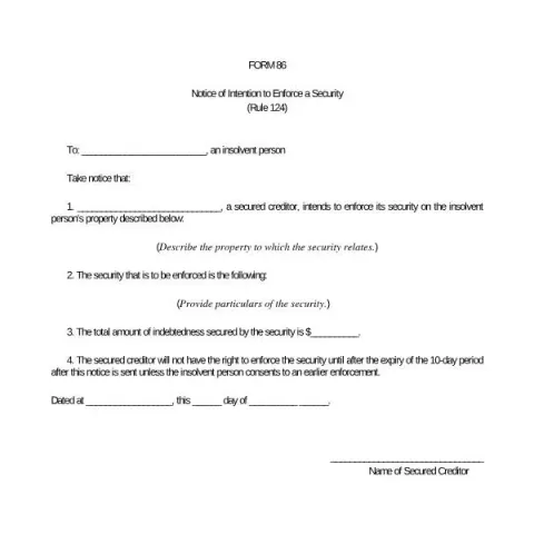 Document preview: Understanding the Notice of Intention to Enforce a Security (Form 86) — Legal & justice (Form 86)