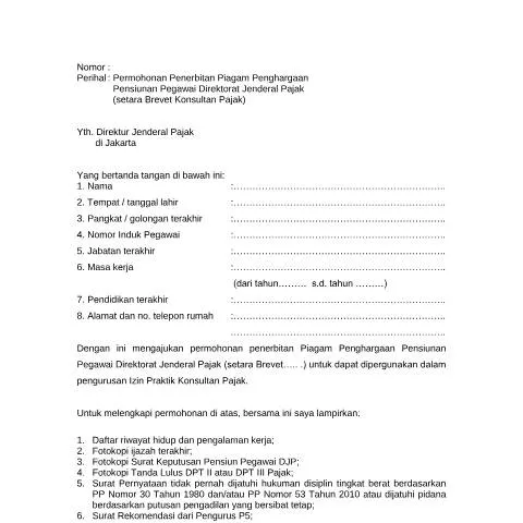 Document preview: Pentingnya Permohonan Piagam Penghargaan Pensiunan Pegawai DJP — Pajak & perpajakan (CERFA n°ID-DJP-form-PHG)